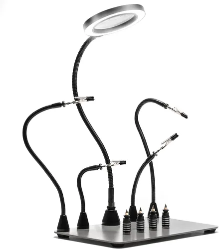 SainSmart Estación de soldadura magnética con una base más grande de 11.1 x 7.1 pulgadas, lámpara de aumento LED 5X, 4 soportes para placa de