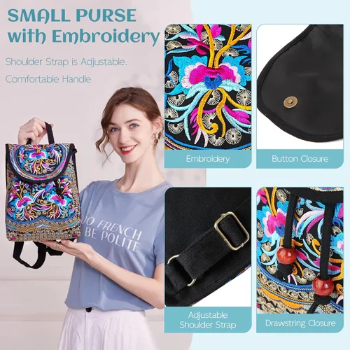 Miniatura 7 de MAZEXY Mochila bordada para mujer, bolso de hombro bohemio, bolso cruzado de flores étnicas vintage, Zafiro rojo, Causal
