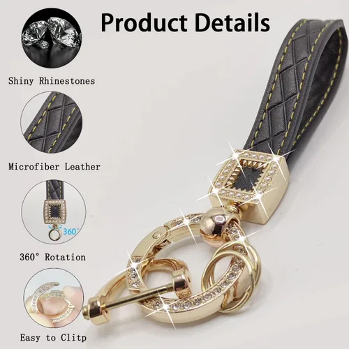 Miniatura 2 de Llavero de cuero de microfibra, llaveros de diamantes brillantes para mujer, soporte para llavero de automóvil con rotación de 360 grados