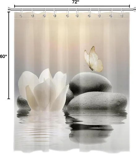 Miniatura 6 de EOBTAIN Cortina de ducha floral zen, lirio de agua blanca, mariposa y piedra zen gris, cortinas de ducha para baño, plantas, naturaleza, espiritual