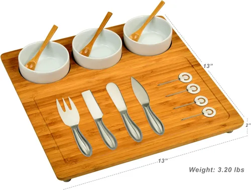 Miniatura 2 de Picnic at Ascot Tabla de queso de bambú/plato de charcutería, incluye 3 cuencos de cerámica, cucharas de bambú, herramientas de queso de acero