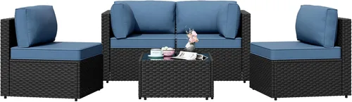Miniatura 8 de Shintenchi - Juego de 5 piezas de sofá seccional para patio al aire libre, juegos de muebles de mimbre PE, juegos de conversación para patio