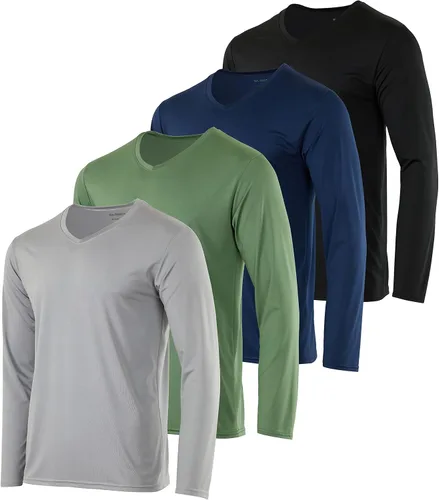 Real Essentials Paquete de 4 camiseta deportiva de manga larga con cuello en V para hombre, de ajuste seco, para exteriores, UPF 50+ (disponible en