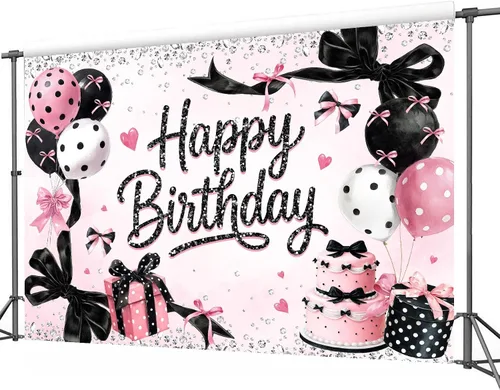 Miniatura 5 de Telón de fondo de feliz cumpleaños negro y rosa de 7 pulgadas de ancho x 5 pies de alto, tela de poliéster, globos de lazo femenino, pastel