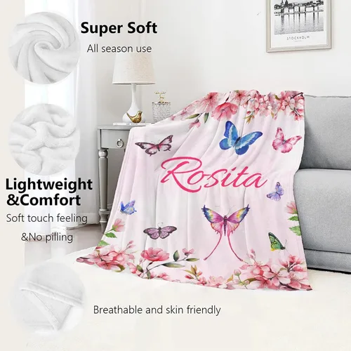 Miniatura 5 de Manta de mariposa personalizada con nombre de mariposa para niños y niñas, regalo para amantes de las mariposas, franela suave y acogedora, ligera