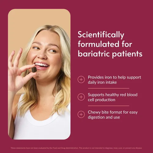 Miniatura 2 de Bariatric Advantage Hierro 30 mg de mordida masticable con vitamina C - para pacientes bariátricos - sin azúcar - Chocolate frambuesa - 30