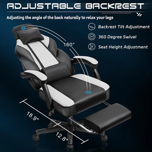 Miniatura 4 de Silla de juegos para adultos, sillas de juegos con reposapiés, silla ergonómica de videojuegos con masaje lumbar grande y alta silla de computadora