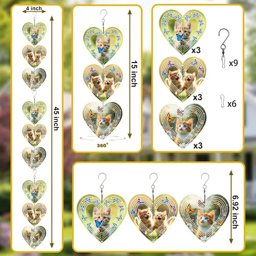 Miniatura 3 de Molinillos de viento para exteriores, repelente de pájaros, corazones 3D con patrón de gato colgante, 15 pulgadas, cinético, metal de acero