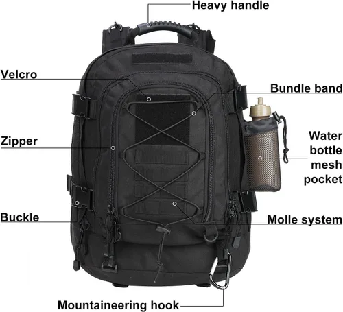 Miniatura 5 de Mochila táctica militar expandible 40-64L Bolsa de 3 días Senderismo Gimnasio Deporte Camping Negro