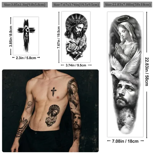 Miniatura 2 de Yazhiji 48 hojas de tatuajes temporales cristianos de brazo completo para adultos, tatuajes falsos de medio brazo religiosos de Jesús Cristo, cruz
