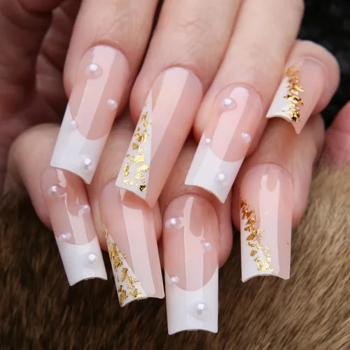 Miniatura 16 de Uñas postizas largas a presión, cuadradas, francesas, nude, rosa, lazo de lujo y diamantes de imitación de flores 3D, 24 unidades, uñas brillantes
