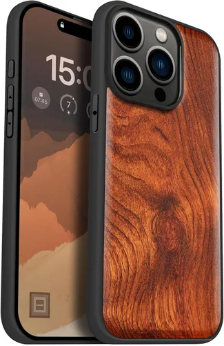 Miniatura 18 de Carveit Funda magnética de madera para iPhone 15 Pro, compatible con cargadores inalámbricos MagSafe, funda de TPU suave negro a prueba de golpes