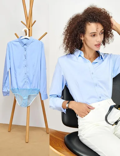 Miniatura 6 de Tapata Blusa de manga larga para mujer, con botones, de manga larga, color liso, para oficina, trabajo, tops casuales