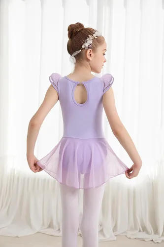 Miniatura 3 de Tegmk Leotardo de ballet con mangas con volantes para niñas con falda de malla, espalda hueca con caída de agua