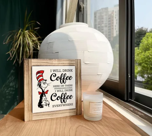 Miniatura 4 de Letrero de placa de madera con texto en inglés «I will Drink Coffee Everywhere», caja de madera decorativa de escritorio, placa rústica de madera