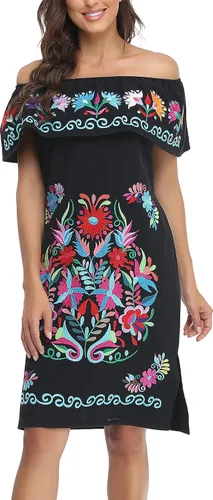 Miniatura 9 de YZXDORWJ Vestido bordado mexicano sin mangas con cuello de volantes para mujer