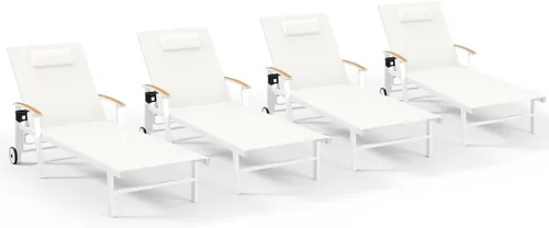 Miniatura 38 de Ciokea Sillón para exteriores con almohada, tumbona de aluminio de 5 posiciones con ruedas y reposabrazos, silla de piscina resistente de 400 libras