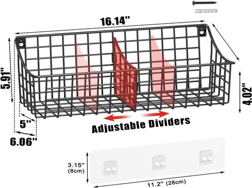 Miniatura 3 de Paquete de 4 cestas de almacenamiento colgantes extragrandes con divisor, cesta de alambre de metal con 4 ganchos adhesivos fuertes + 5 ganchos