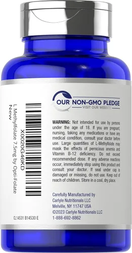 Miniatura 3 de Carlyle L Metilfolato 7.5 mg 60 cápsulas Optimizado y activado Sin OMG, sin gluten Folato de metilo, 5-MTHF por Opti-Folate