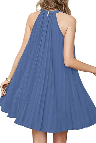 Miniatura 4 de SAMPEEL Vestidos de verano para mujer, casual, cuello halter, sin mangas, plisados, línea A, botón en la parte trasera con cinturón