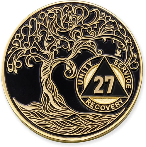 Miniatura 134 de 20 Year Sobriety Mint Twisted Tree of Life - Medallón de recuperación AA chapado en oro, fichas y fichas, color negro