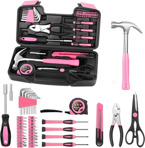 Miniatura 13 de Juego de herramientas para el hogar de 132 piezas, color rosa, kit de herramientas manuales para el hogar con caja de herramientas de plástico, Rosa