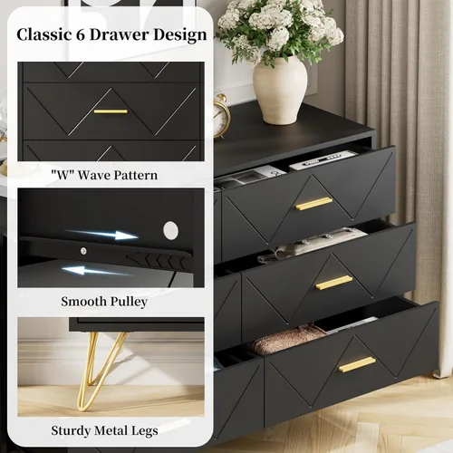 Miniatura 3 de JOZZBY Cómoda para dormitorio, cómoda de madera negra de 6 cajones con asas doradas, cómodas de almacenamiento modernas y cómodas para pasillo