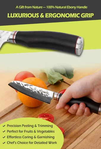 Miniatura 7 de YOUSUNLONG Santoku - Cuchillo japonés de 5 pulgadas, 67 capas, acero de Damasco martillado con madera de plomo natural Ebany