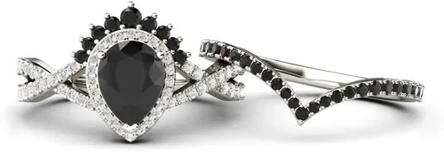 Miniatura 6 de Anillo de compromiso de ónix negro en forma de pera, halo de oro rosa, único juego de anillos de compromiso de piedra negra para mujer, anillo