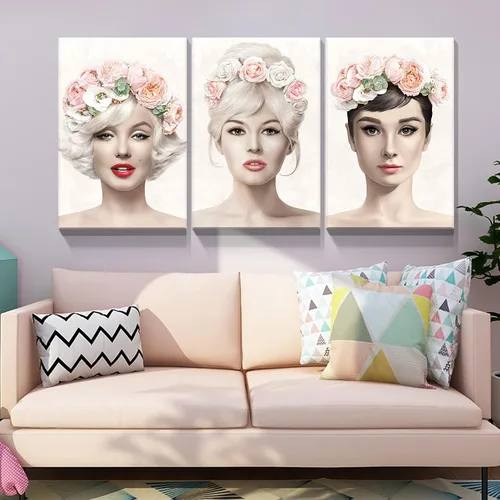 Miniatura 2 de Denozer Arte de pared en lienzo de 3 paneles con retrato de belleza de Marilyn Monroe, Audrey Hepburn y Brigitte Bardot, impresiones de cuadros