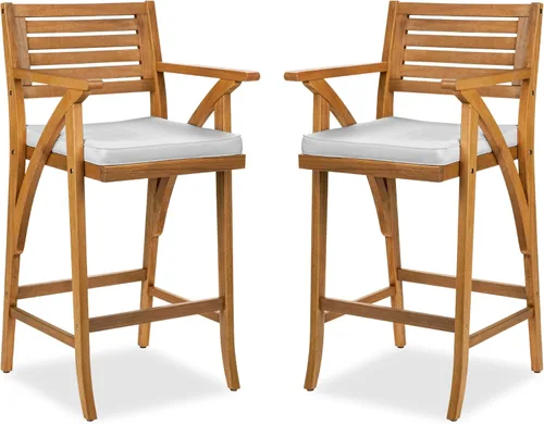 Miniatura 10 de Best Choice Products Juego de 2 taburetes de bar de madera de acacia para exteriores, sillas de bar para patio, piscina, jardín con cojines Crema