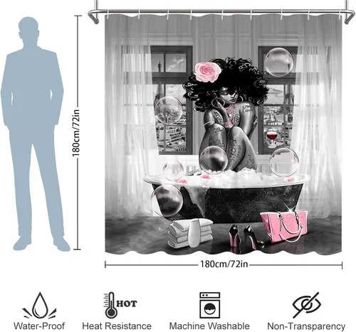 Miniatura 4 de Cortina de ducha de mujer afroamericana, cortina de ducha de tela de poliéster impermeable para baño, cortina de baño gris, lavable a máquina