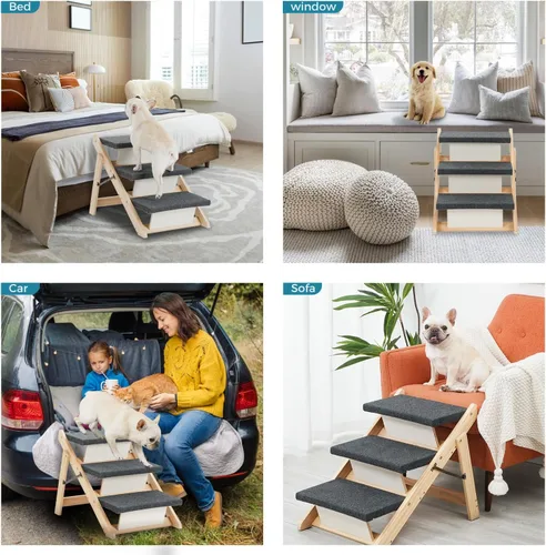 Miniatura 9 de MEWANG Escaleras y rampa de madera para perros y gatos pequeños/medianos, mascotas mayores – 3 en 1, plegable, portátil, escalera antideslizante 3