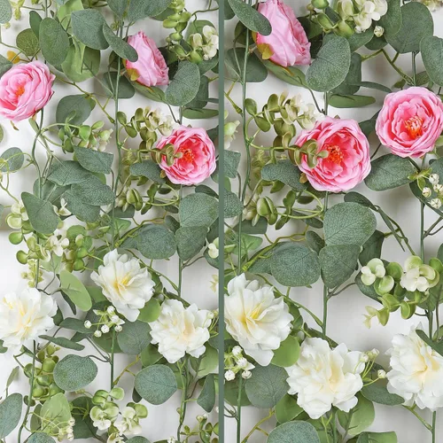 Miniatura 51 de TOCHGREEN Paquete de 2 Guirnaldas de Flores de Eucalipto Artificial de 12 Pies con Rosas Champán, Guirnalda de Flores de Rosa Falsa Verdor