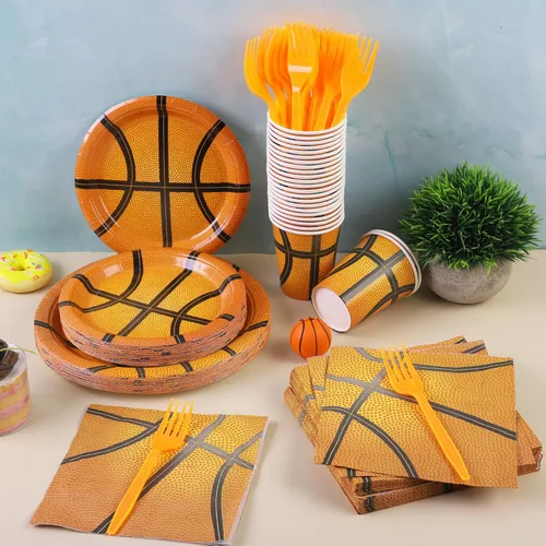 Miniatura 5 de durony Juego de vajilla de 144 piezas de platos de papel y servilletas de baloncesto, decoraciones de fiesta de cumpleaños, incluye platos de papel