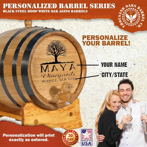 Miniatura 3 de Barril de roble personalizado de 5 galones para la elaboración de vino (20 litros) con soporte de madera, Bung y espita - Barril de vino de roble