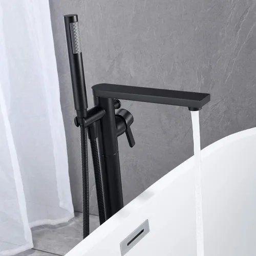 Miniatura 4 de Wowkk Grifo de bañera independiente Llenador de bañera Negro Montaje en piso Latón de una sola manija Grifos de baño con ducha de mano Oro cepillado