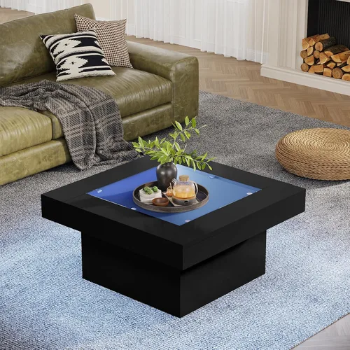 Miniatura 6 de Mesa de centro cuadrada con luces LED, mesas de centro de 35.4 pulgadas para sala de estar, mesa de centro de cristal templado, mesa central moderna