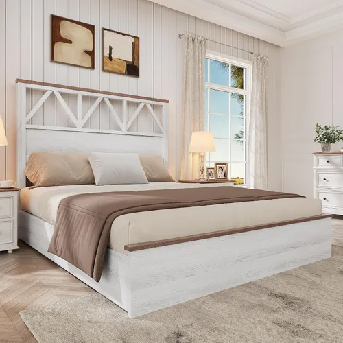 YITAHOME Marco de cama tamaño completo con cabecera de 47.2'', plataforma de marco de cama de madera rústica con listones, resistente y silencioso,