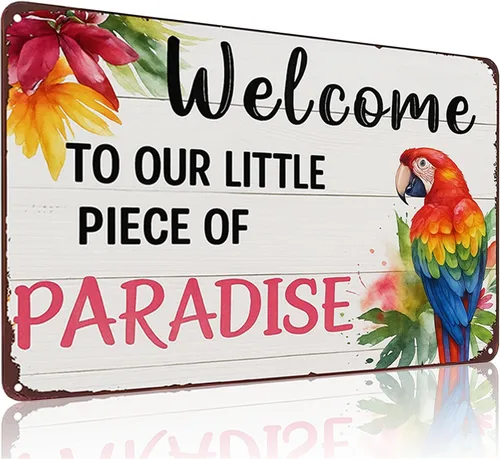 Miniatura 7 de FunnySign Letrero de hojalata vintage con texto en inglés "Welcome to Our Little Piece of Paradise" para exteriores, porche, patio, jardín, bar
