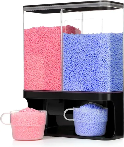 Dispensador de perlas de aroma, dispensador de detergente para lavandería montado en la pared con 2 tazas para cuentas de lavandería, arroz, Negro