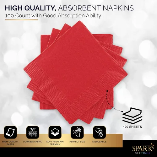 Miniatura 4 de Paquete de 100 servilletas rojas para bebidas, paquete de fiesta grande, 2 capas, ideal para bodas, fiestas, cumpleaños, cenas, almuerzos, cócteles