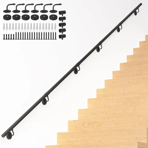 Miniatura 12 de Barandilla de escalera de metal industrial de 5 pies, barandilla de escalera de tubo redondo para escalones de interior/exterior, soporte de pared
