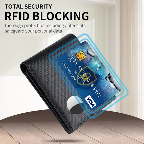 Miniatura 5 de Swallowmall AirTag Billetera para hombre con bloqueo RFID, de piel auténtica, plegable, para AirTag con 1 ventana de identificación, 13 tarjeteros