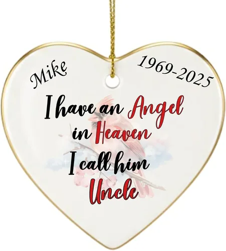 Miniatura 22 de Adorno de Navidad conmemorativo personalizado 2025 – Recuerdo de cerámica en forma de corazón – Tengo un ángel en el cielo I Call Her Primo – Regalo