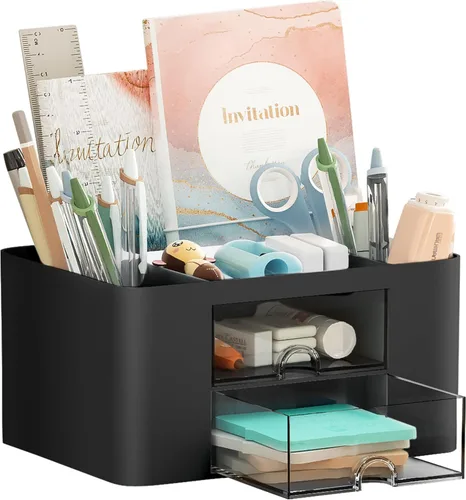 Miniatura 13 de Marbrasse Organizador de bolígrafos con 2 cajones, portaplumas multifuncional para escritorio, organizadores de escritorio y accesorios con 5