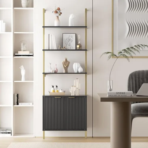 Miniatura 3 de Estantería de escalera con gabinete, estantería de pared de 71 pulgadas de alto con estantes y almacenamiento, estante de escalera estriado