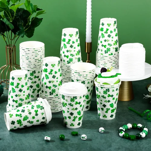 Miniatura 4 de Paquete de 80 tazas de 12 onzas para el Día de San Patricio, tazas de café desechables de papel con tapas, tazas de trébol verde para bebidas frías