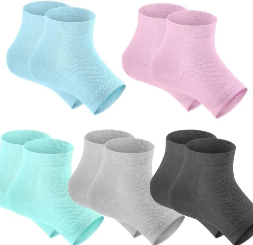 Selizo 5 pares de calcetines hidratantes para el talón de gel, calcetines de punta abierta para tacones secos y agrietados, 5 colores