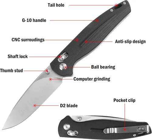 Miniatura 2 de RPG Mini cuchillo de bolsillo plegable, hoja de acero D2 de 3.5 pulgadas con mango G10 y clip de bolsillo, cuchillo EDC afilado para campamento